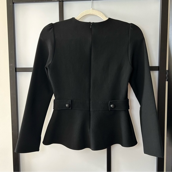 [s] Zara Black High Neck 3/4 Long Sleeve Peplum Blouse Top with Button Detail - Picture 6 of 13